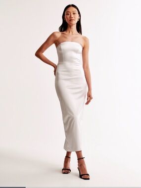 Abercrombie & Fitch Strapless White Satin Midi Dress
